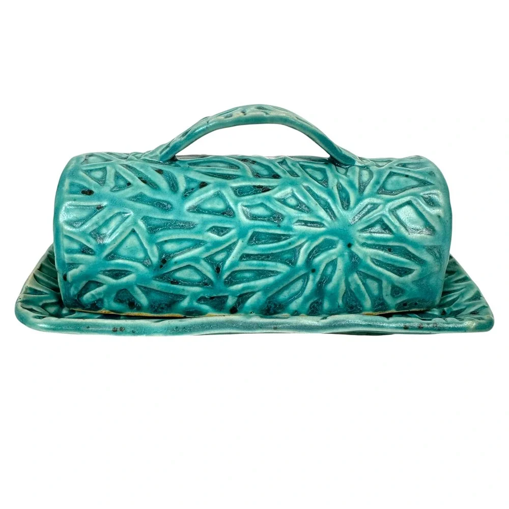 Studio‎ Pottery Butter Dish Handmade Geometric Textured Teal Blue MCM Sculptural